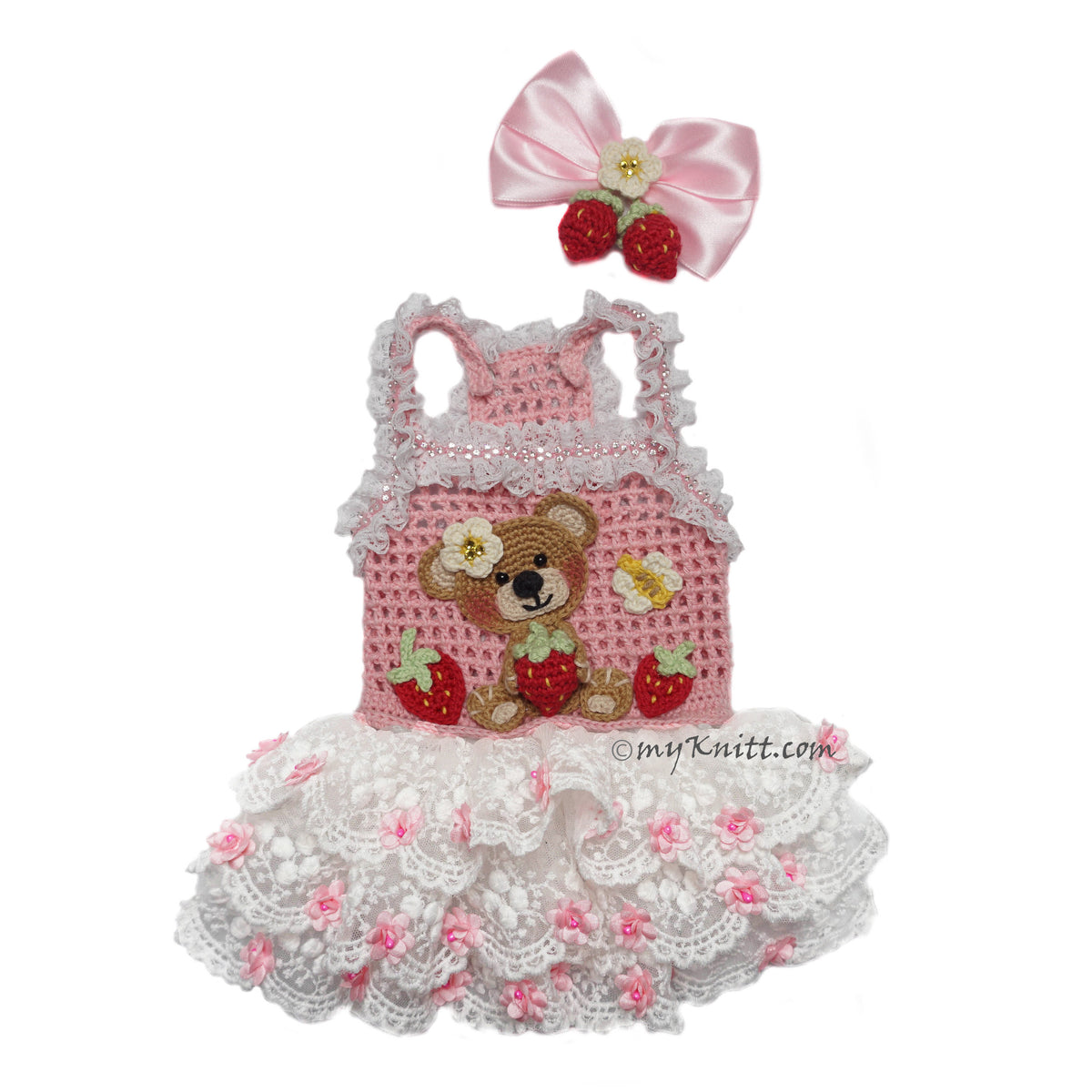 Teddy Strawberry Dog Dress Crochet with Strawberry Hair Accessory