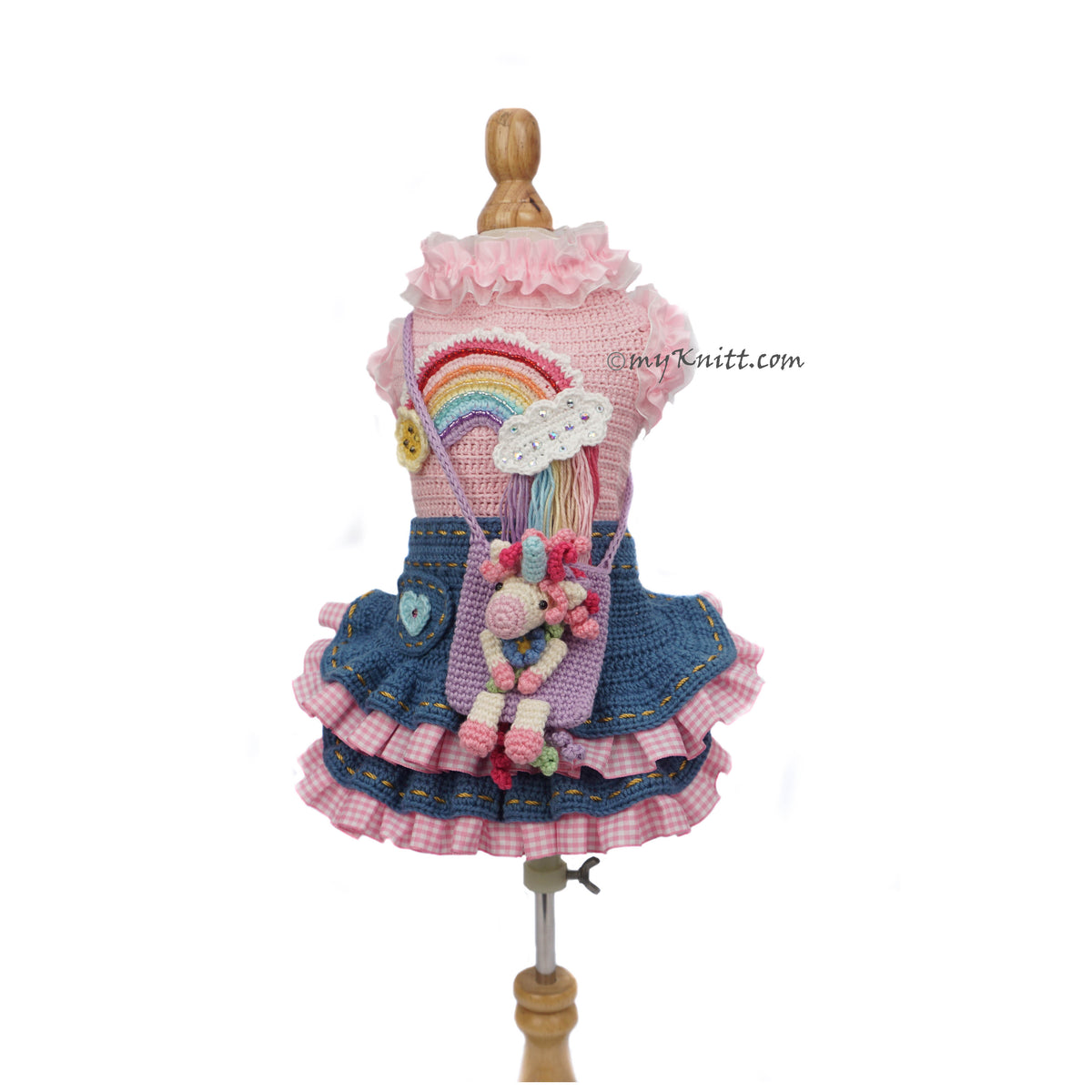 犬服 myknitt マイニット ユニコーン ローズ ワンピース Cute Lala Unicorn Crochet Dog Dress with crochet bag by Myknitt