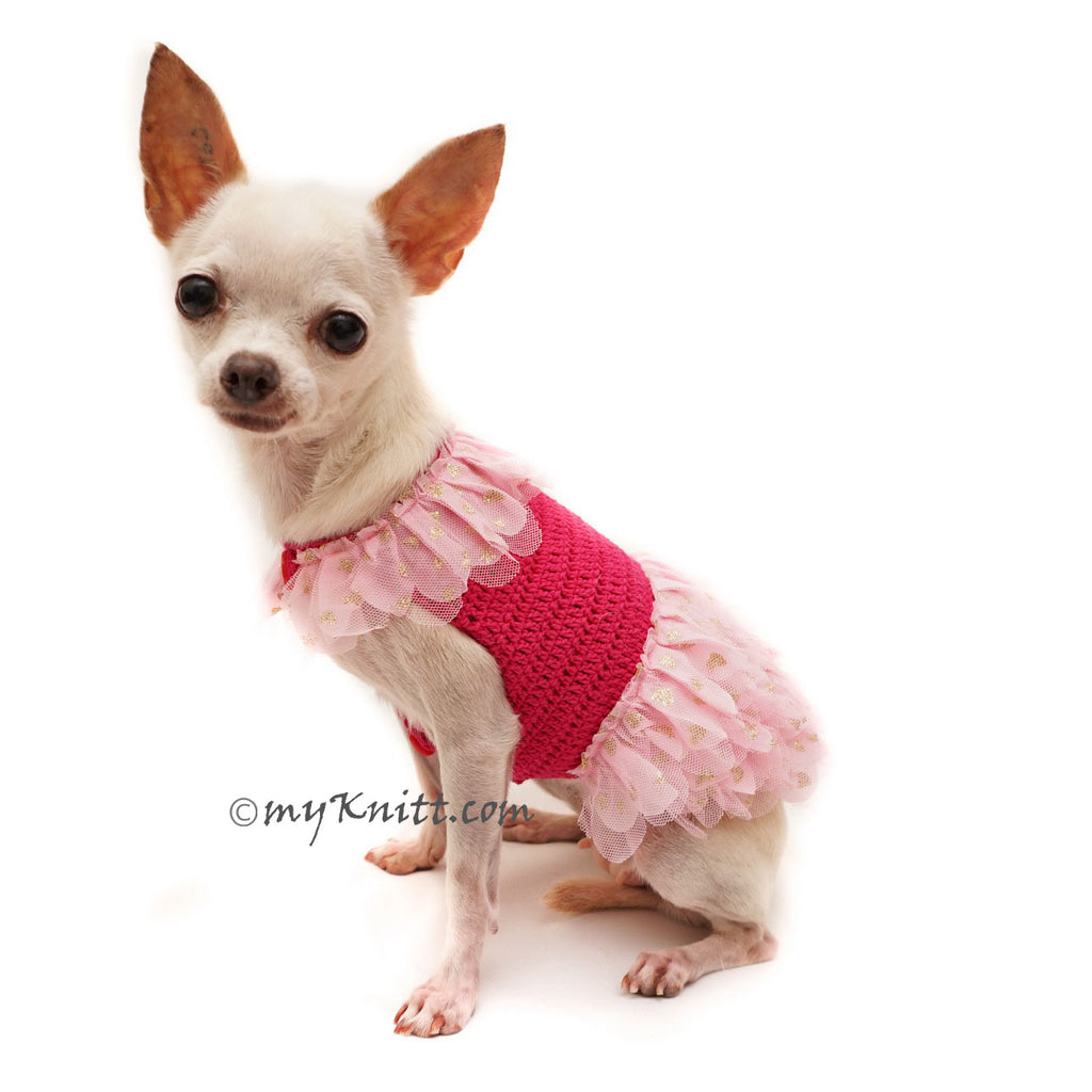 Pink Ballerina Dog Dress with Gold Tutu Glittery Handmade Crochet DF104