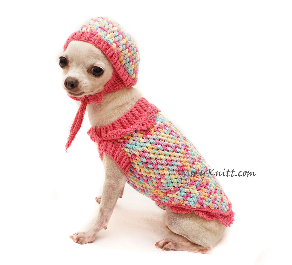 Cute Pink Dog Winter Clothes, Rainbow Dog Sweaters with Matching Dog Hats DF106 Myknitt