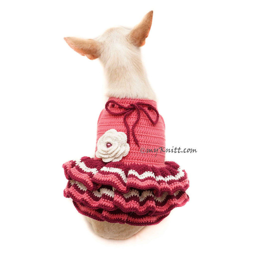 Pink Burgundy Chihuahua Dress Ruffle Crochet DF146 Myknitt