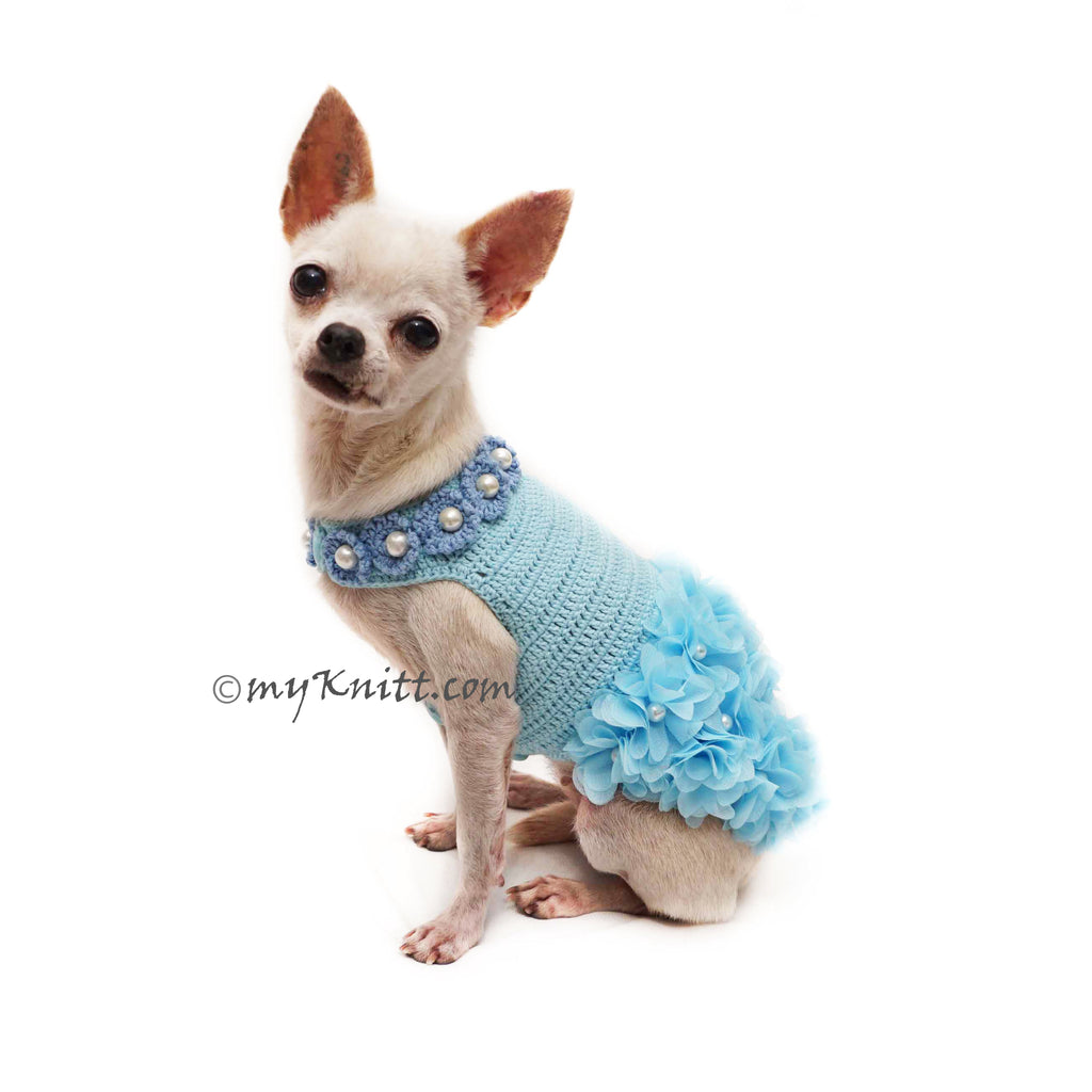 Hawaiian Baby Blue Dog Dress Crochet with Flowers DF177 Myknitt