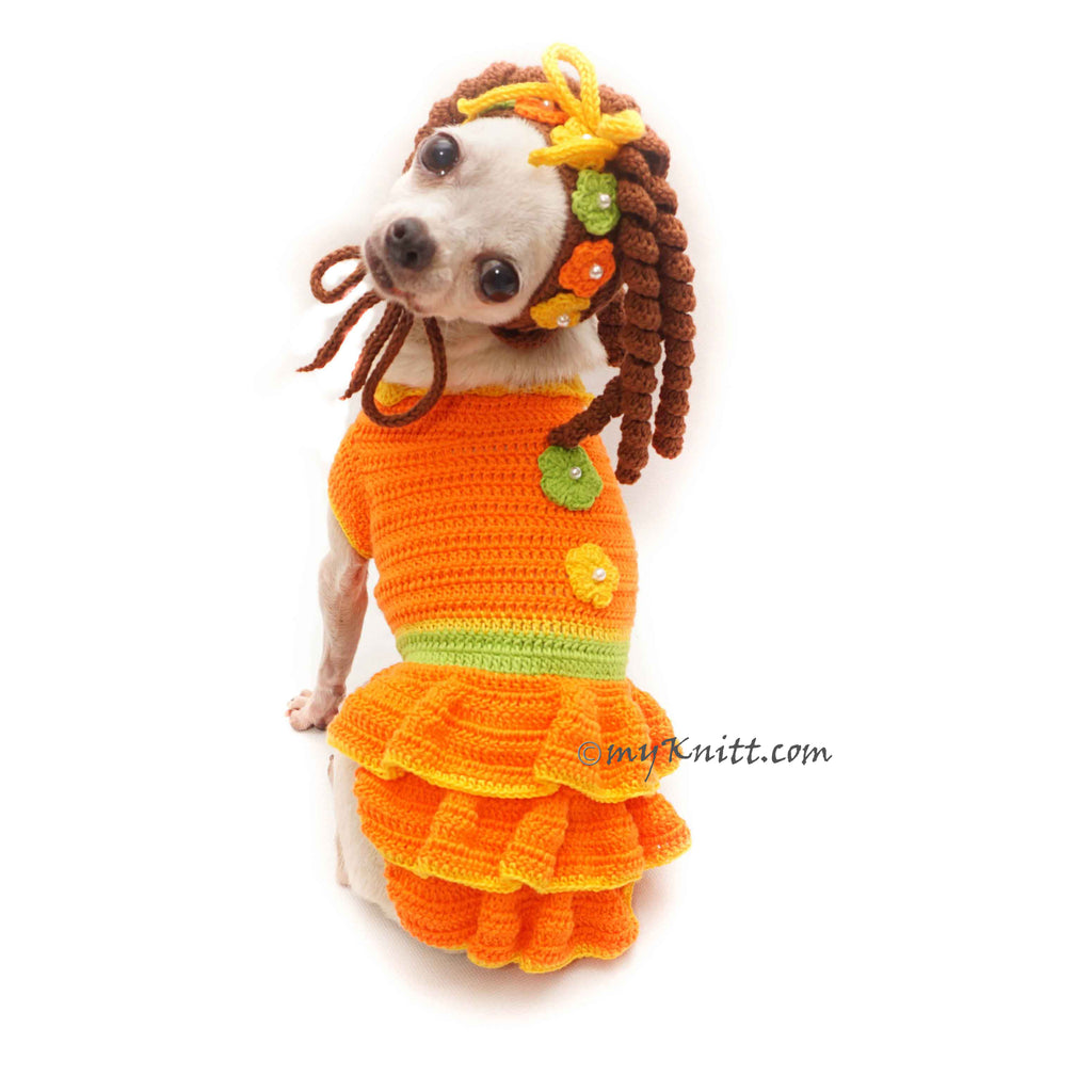 Orange Cheerful Pet Dress with Kinky Curly Pet Hat Crochet Handmade DF184 Myknitt