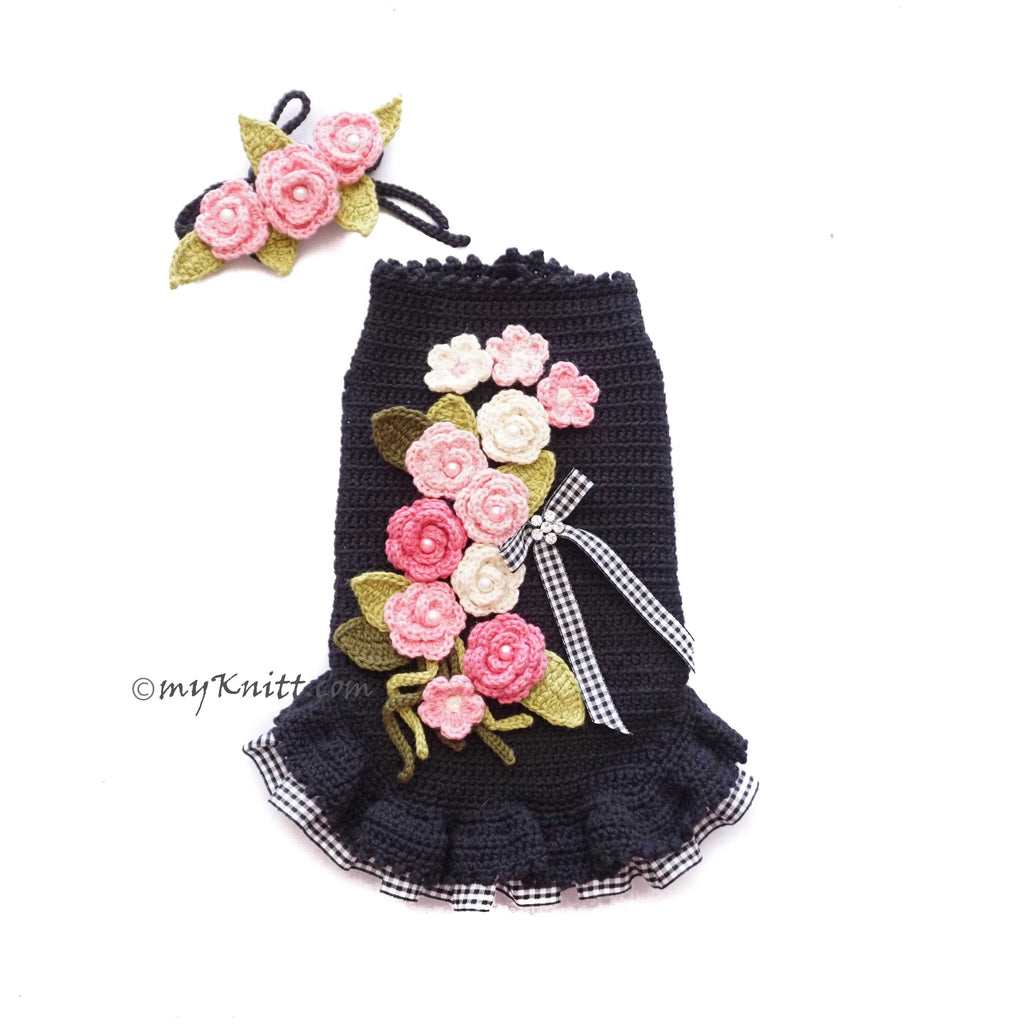 Roses Dog Dress Crochet Black Dress, Girly Elegant Pet Dress Black White Plaid DF202 Myknitt