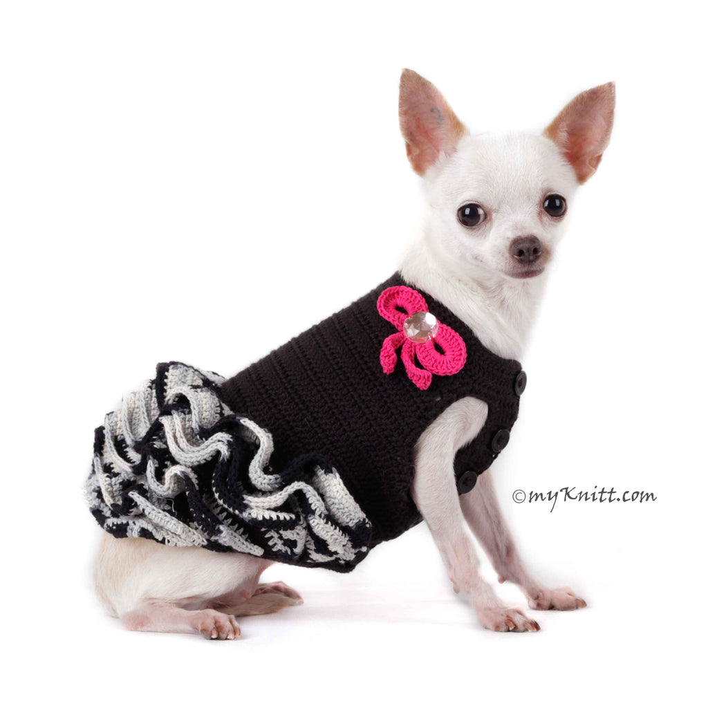 Black and White Dog Ruffle Dress with Cute Pink Bows Handmade Crocheted DF74