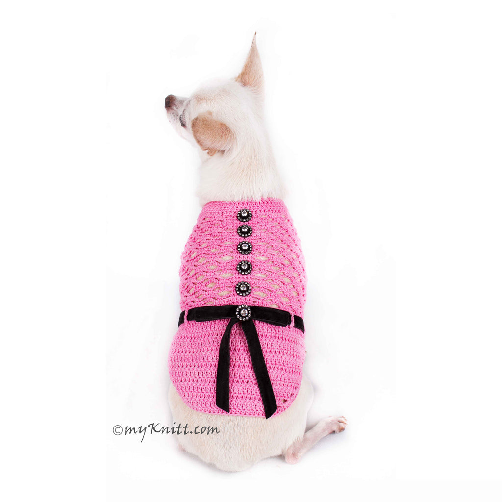 Beautiful Pink Dog Dress with Black Ribbon and Crystal Apparel DF84
