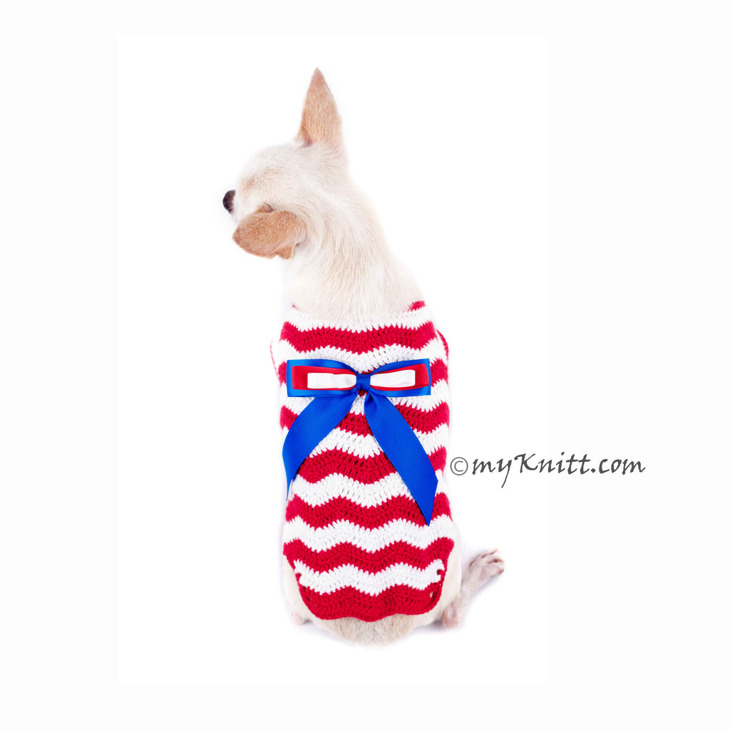Red White Blue July 4th Dog Clothes Wavy Crochet with Ribbon DK793
