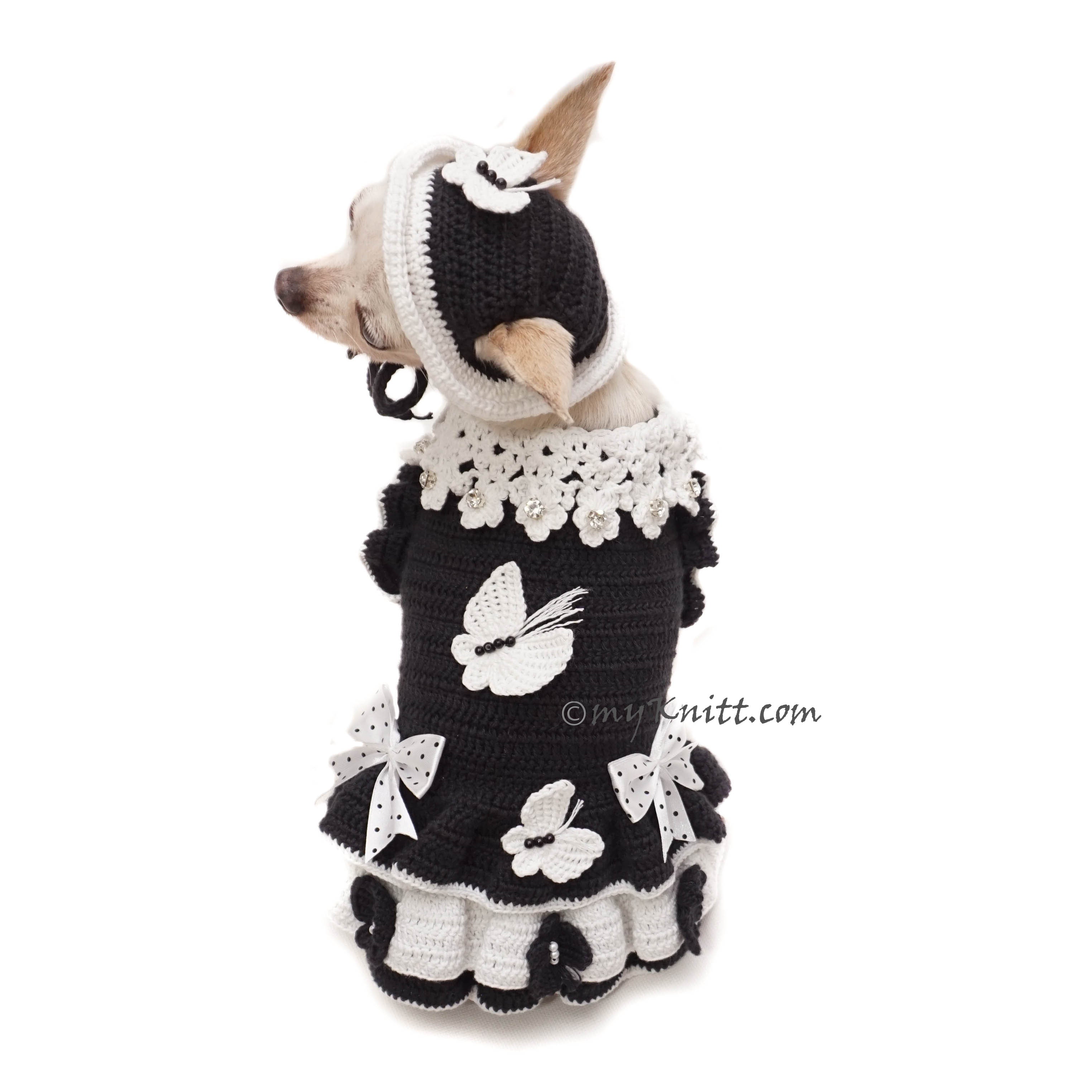 Black and White Butterfly Polka dot Dog Dress Crochet with Matching Hat DF236 by Myknitt