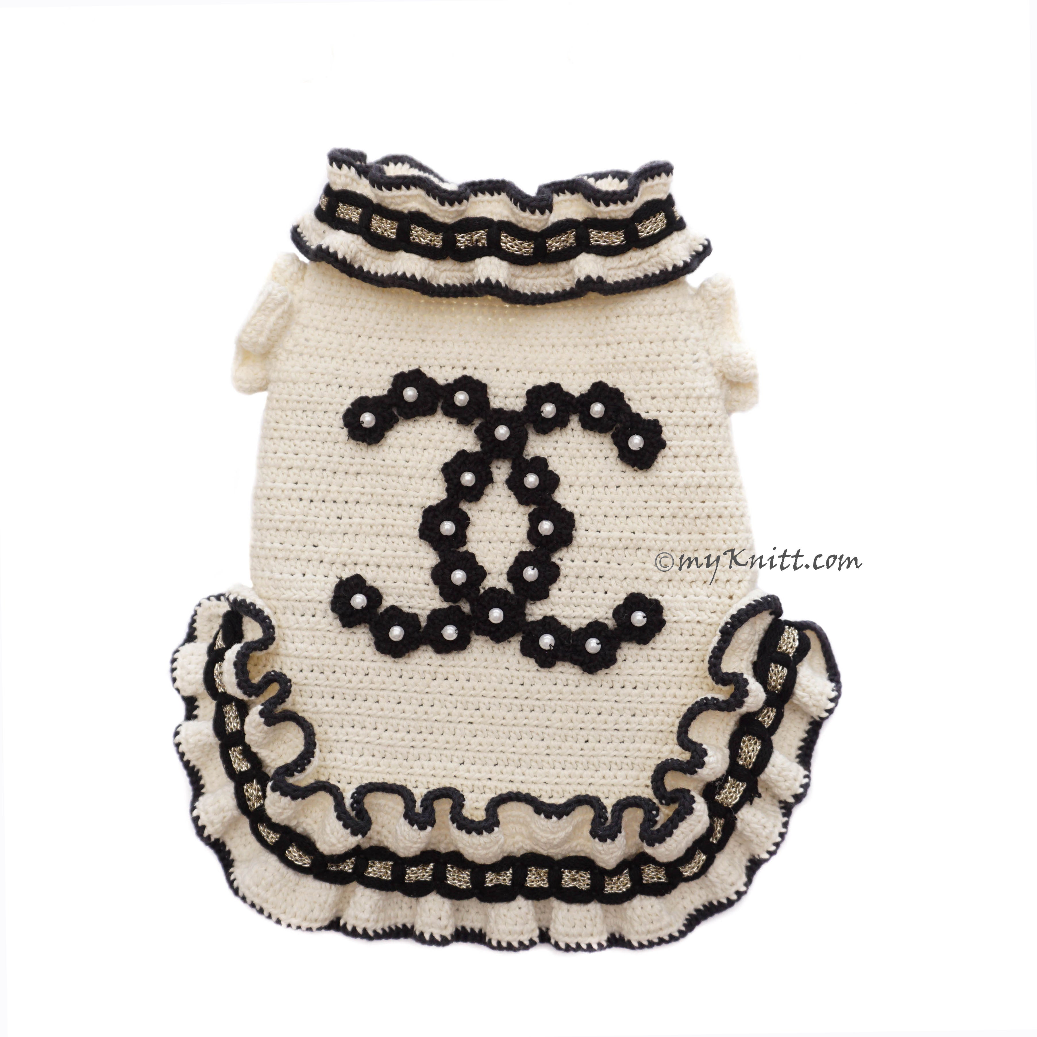 Designer White Dog Dress CC Handmade crochet DF261 Myknitt 