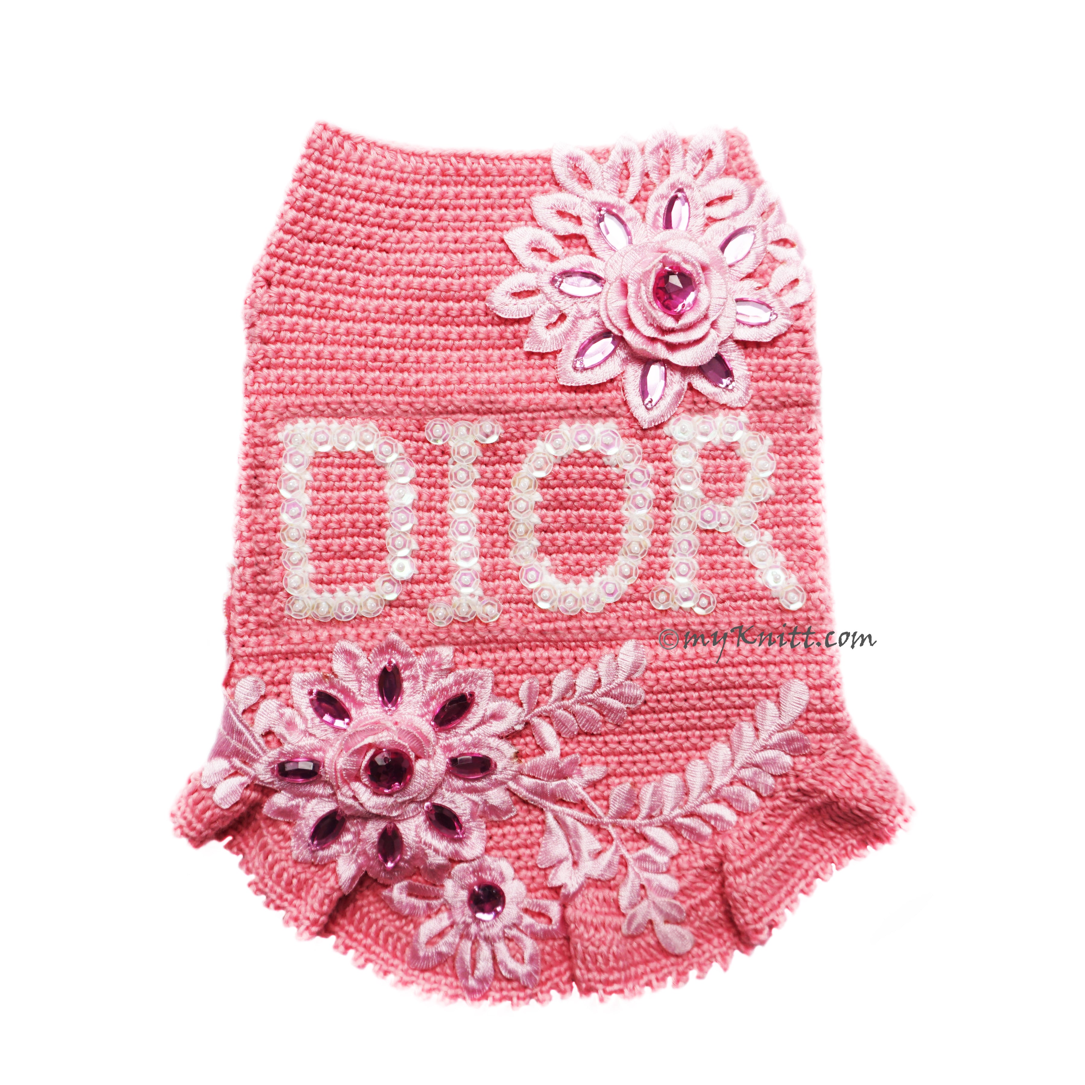 Pink Designer Dog Dress Crochet Flower Lace Crystal and Sequins DF303 Myknit