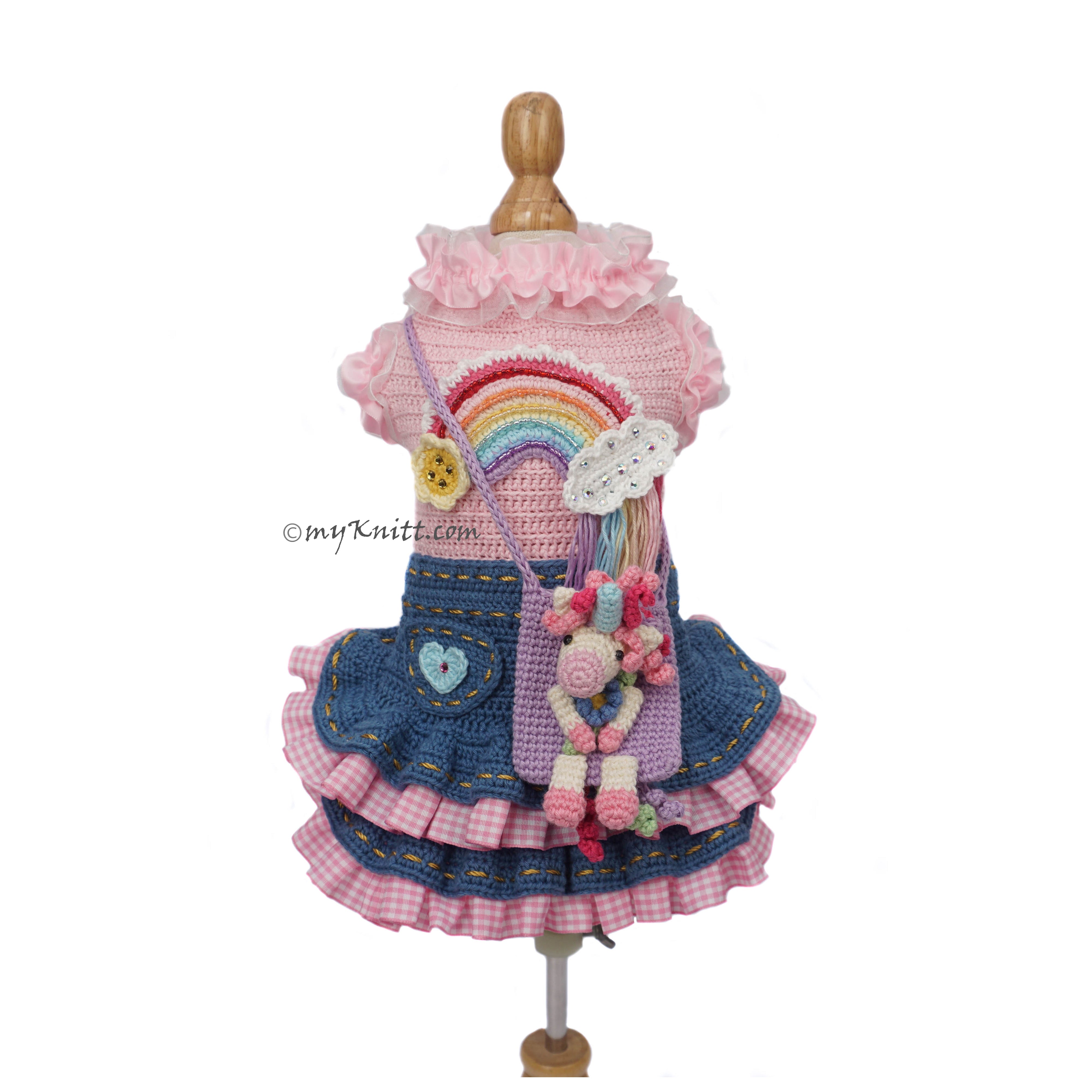 Cute Lala Unicorn Crochet Dog Dress with crochet bag by Myknitt