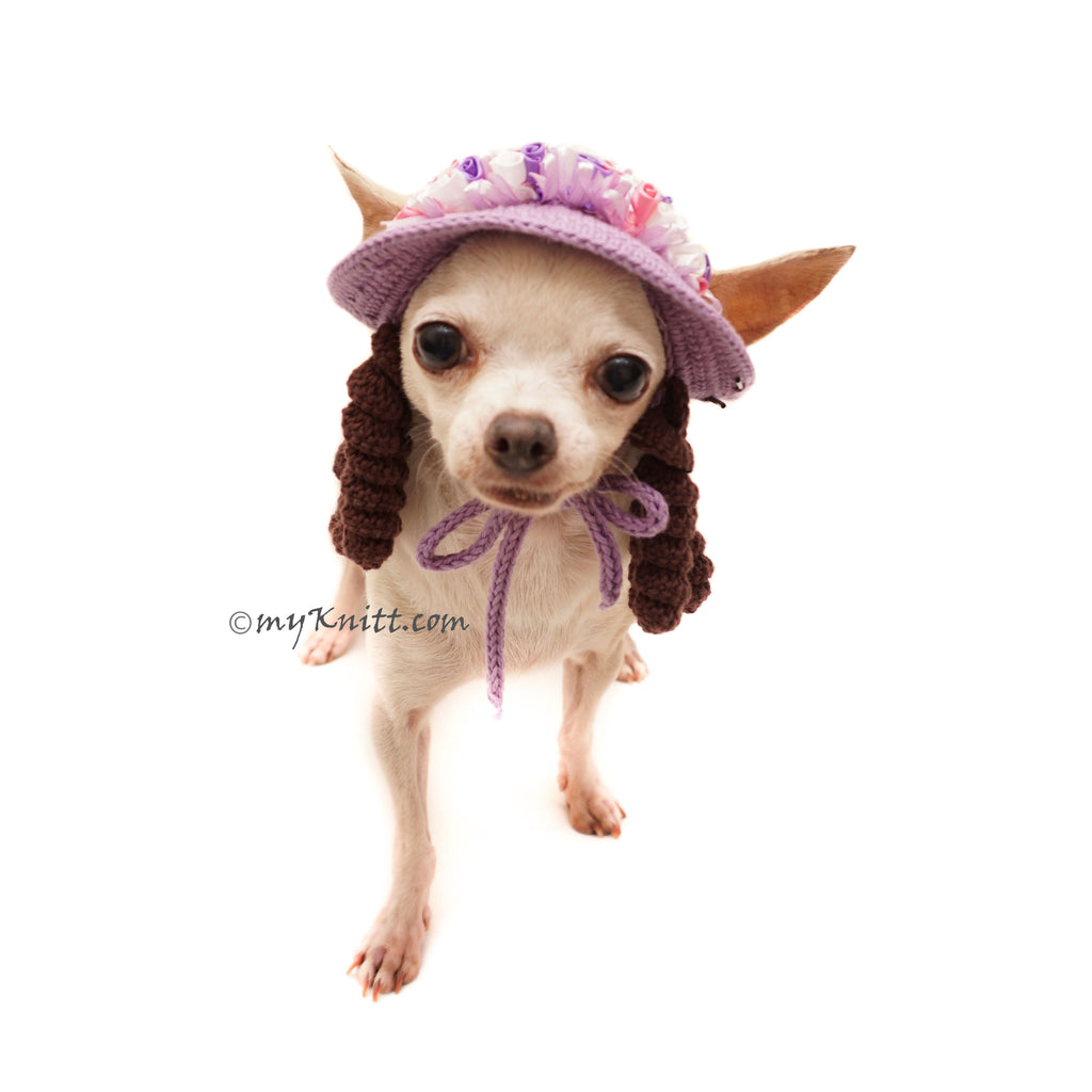 Purple Dog Sun Hat Crochet with Dreadlocks, Chihuahua Hat Crochet DB13