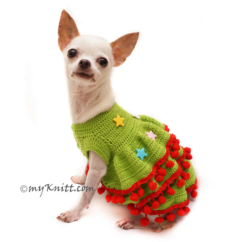 Christmas Tree Dog Dress Ruffled Crochet Holiday Pet Costume with Stars Apparel DF100