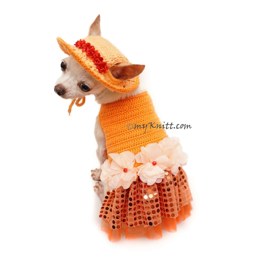 Orange Tutu Dog Dress Bling Bling With Flowers Apparel and Matching Sun Hat DF101