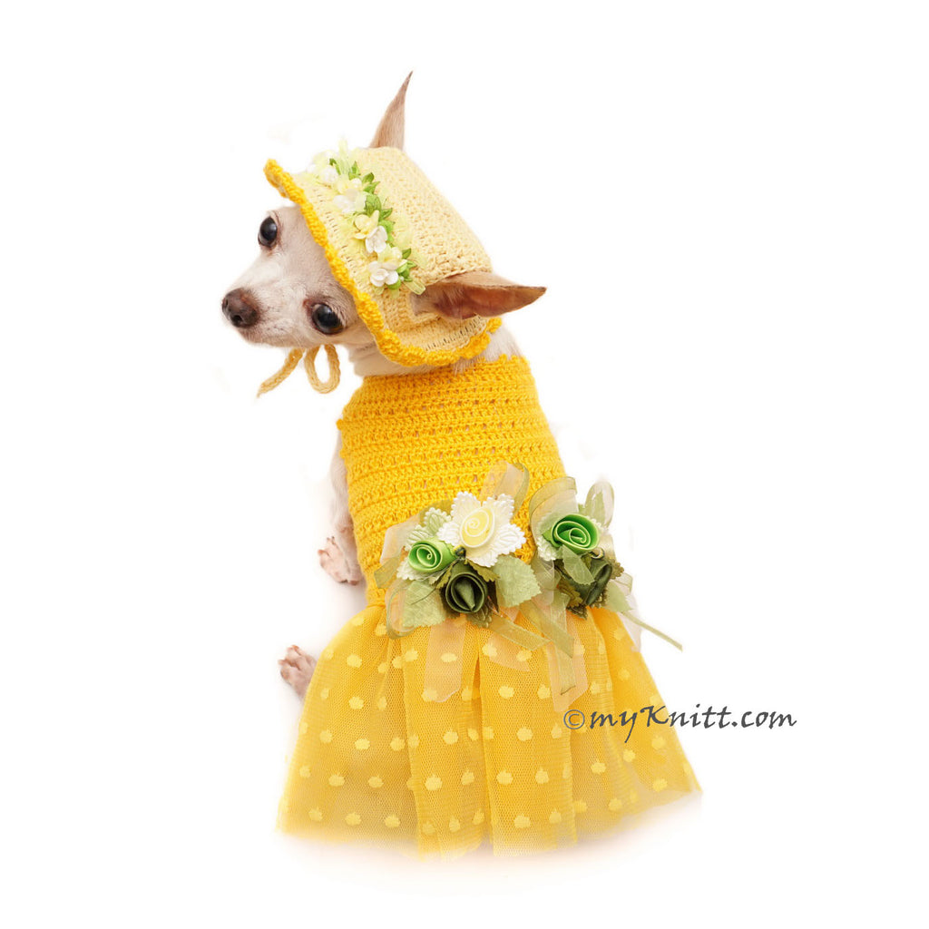 Polka Dot Dog Dress Tutu with Matching Sun Hat Flowers DF102