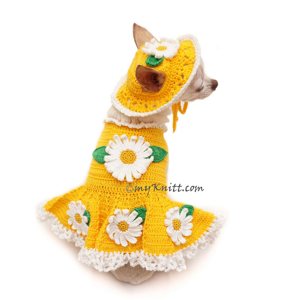 Cute Flower Dog Dress with Matching Sun Hat in Bright Yellow Color DF103