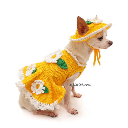 Cute Flower Dog Dress with Matching Sun Hat in Bright Yellow Color DF103 by Myknitt (2)