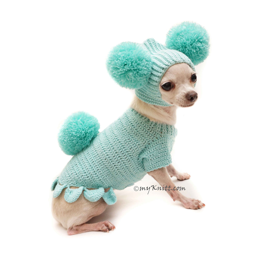 Bunny Dog Costume Teal, Pom Pom Dog Hat, Handmade Crochet Funny Dog Outfits DF109