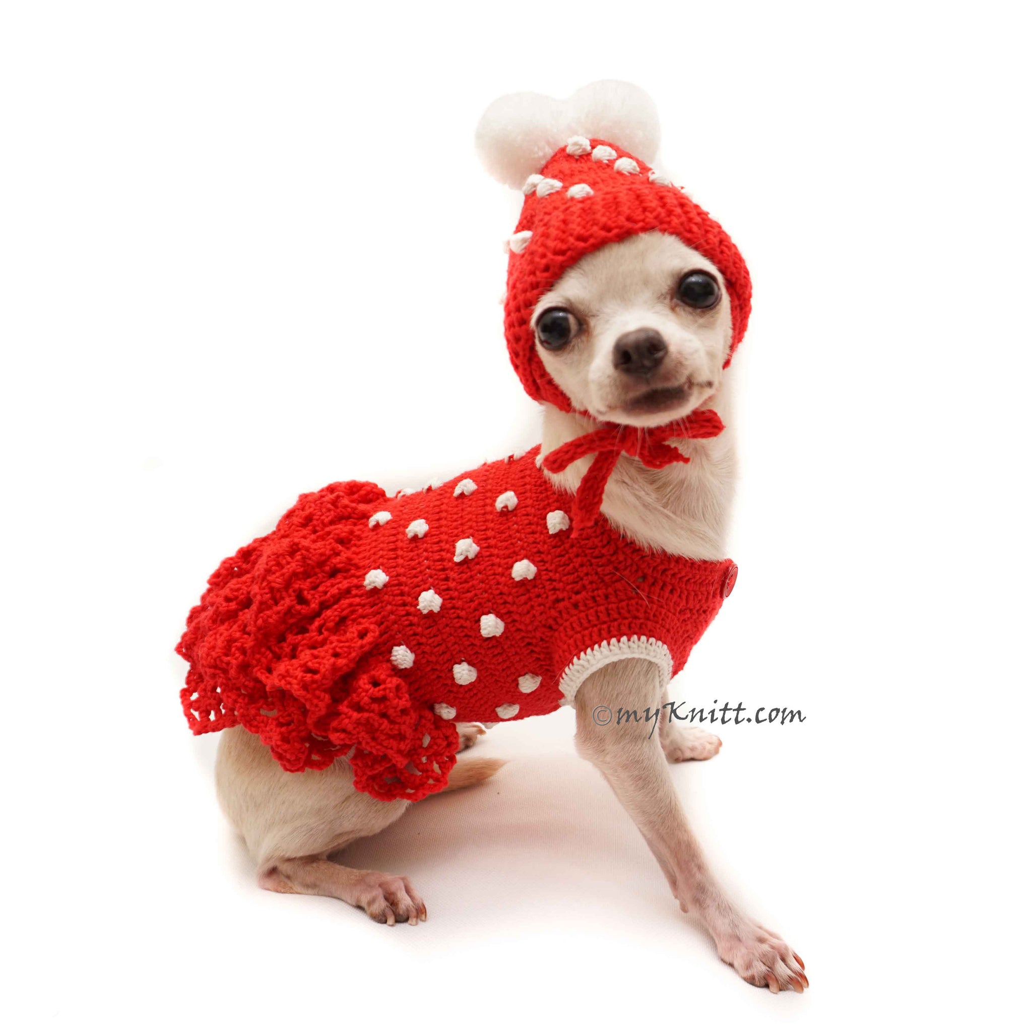 Red Dog Dress, Crochet Dog Hat, Chihuahua Winter Clothes DF115 by Myknitt| myknitt Red Dog Dress, Crochet Dog Hat, Chihuahua Winter Clothes DF115 by Myknitt| myknitt