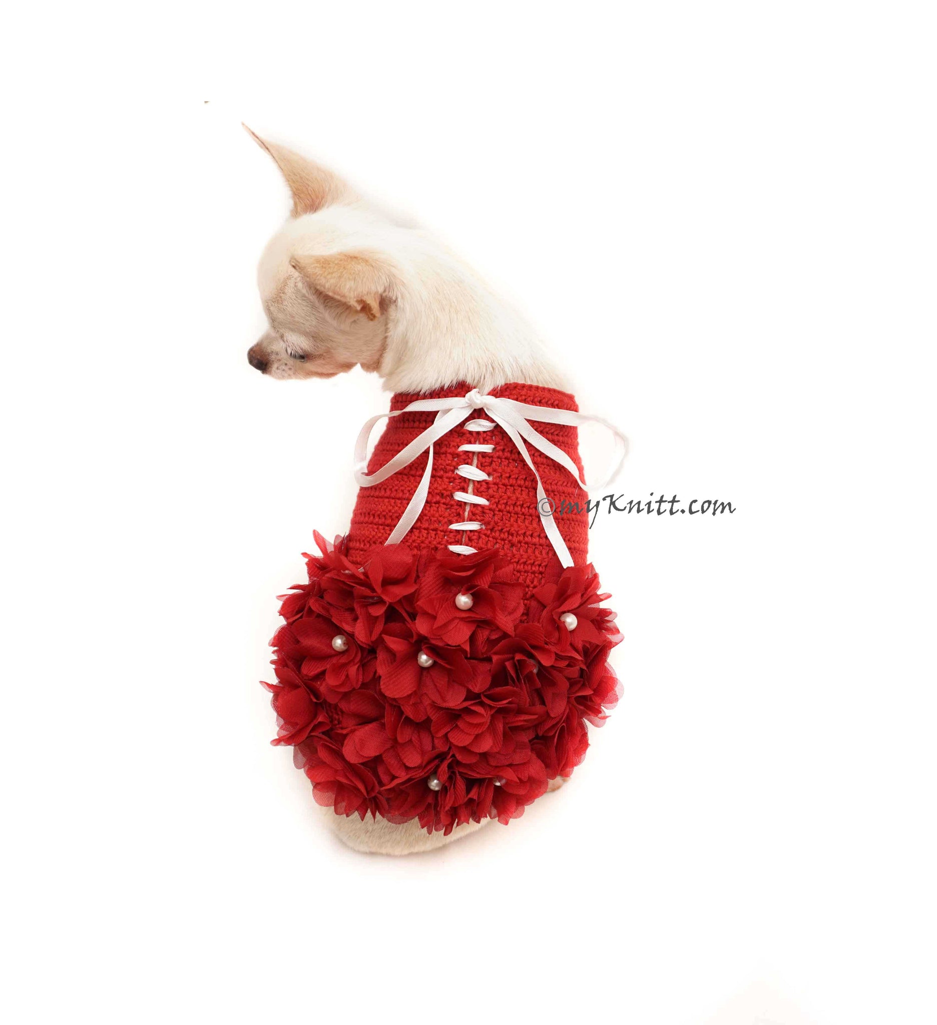 Maroon Dog Dress Flower with Pearls, Burgundy Dog Dress Wedding Croche| myknitt