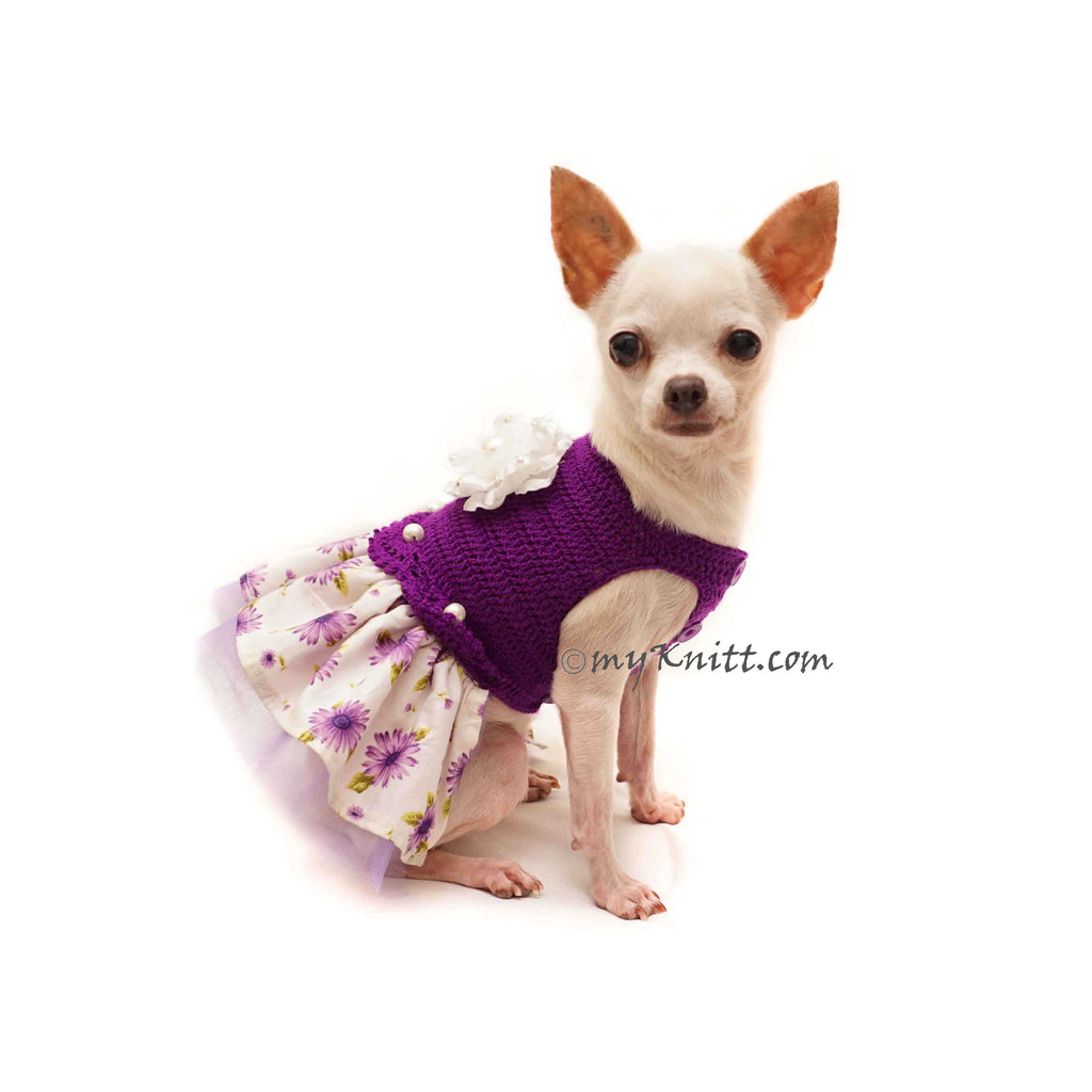 Purple Dog Dress with Flowers Pearls, Summer Chihuahua Dress Flowers Fabric DF138
