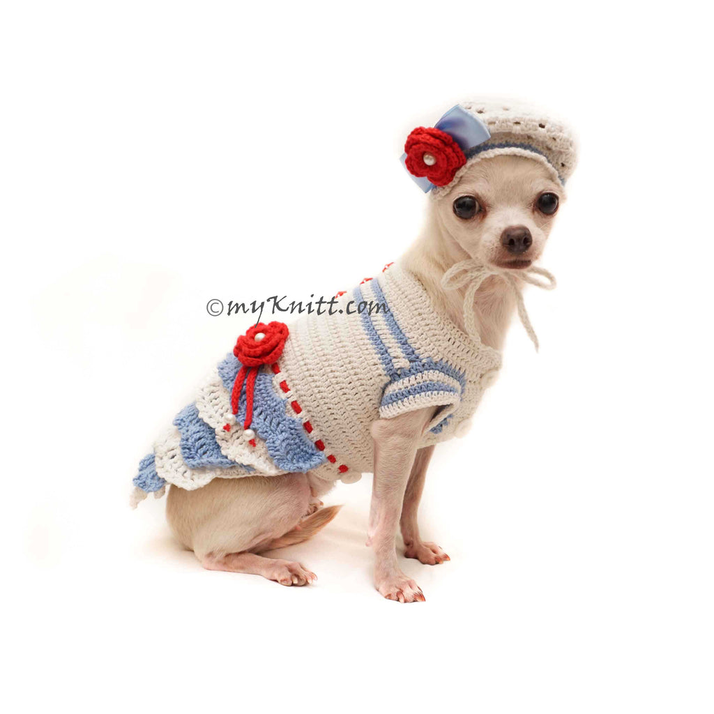 Summer Blue Dog Dress Crochet with Dog Hat Beret Df143 by Myknitt
