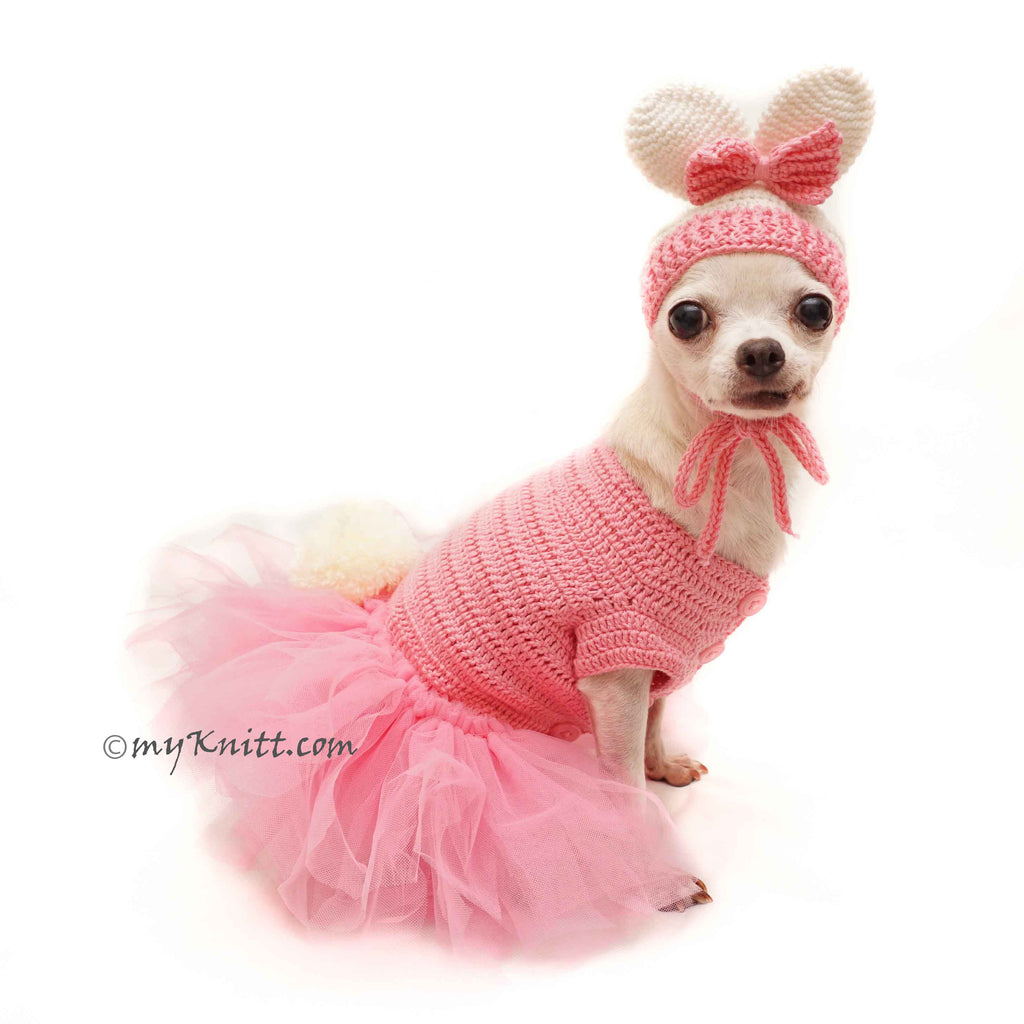 Pink Dog Tutu Bunny Pet Dress with Crochet Bunny Dog Hat DF150