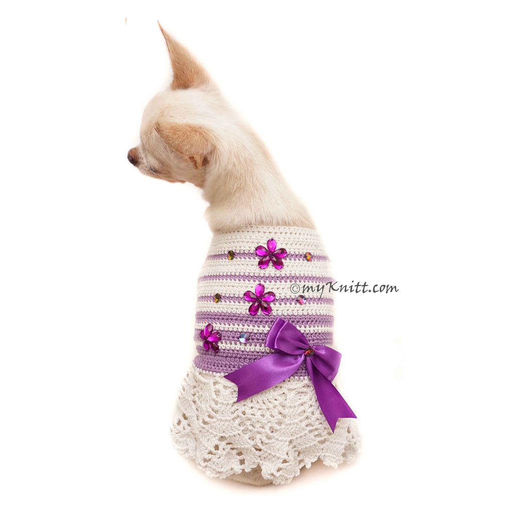Purple Flower Ribbon Dog Dress Lace Crochet Striped DF151
