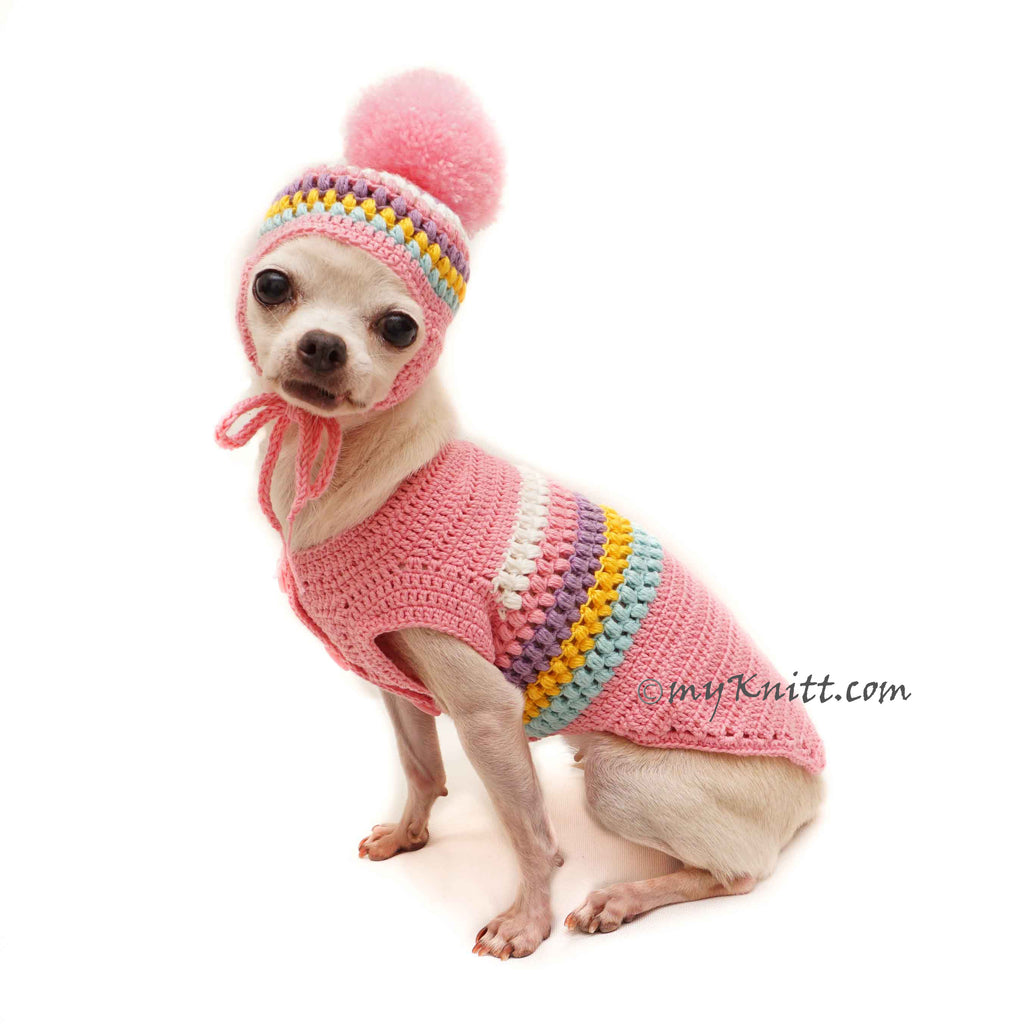 Pink Pom Pom Dog Sweater with Matching Pink Pom Pom Dog Hat Crochet DF153