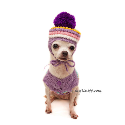 Pom Pom Dog Hat Crochet by Myknitt in Baby Purple Color