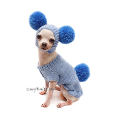 Blue Pom Pom Dog Sweater with Matching Pom Pom Dog Hat DF164 Myknitt