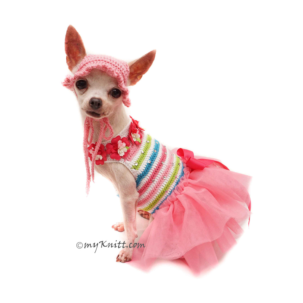 Pink Flower Dog Tutu With Matching Dog Sun Hat Crochet DF165 Myknitt