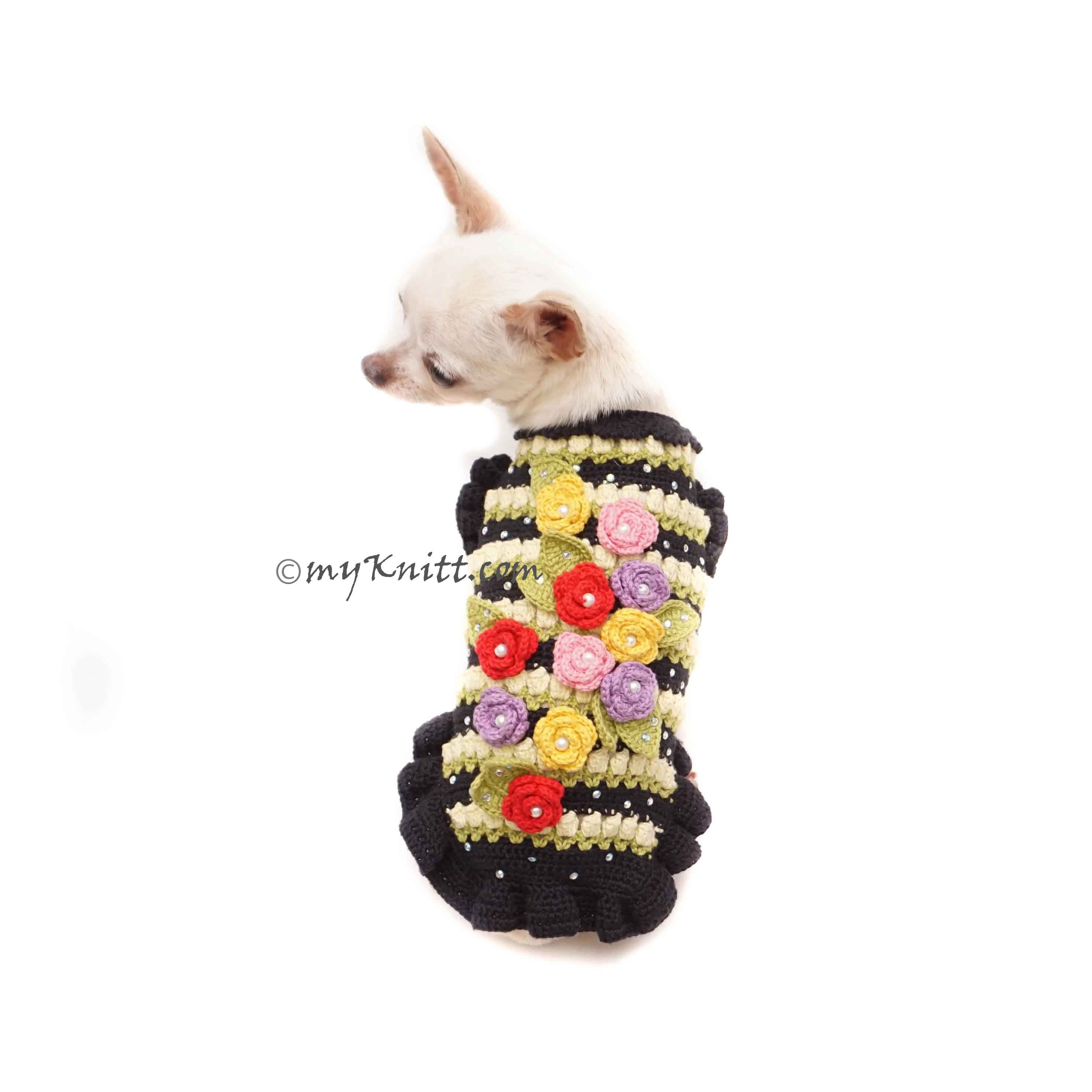 Black Dog Dress Crochet with Colorful Rosebuds and Crystal Df185 Myknitt 