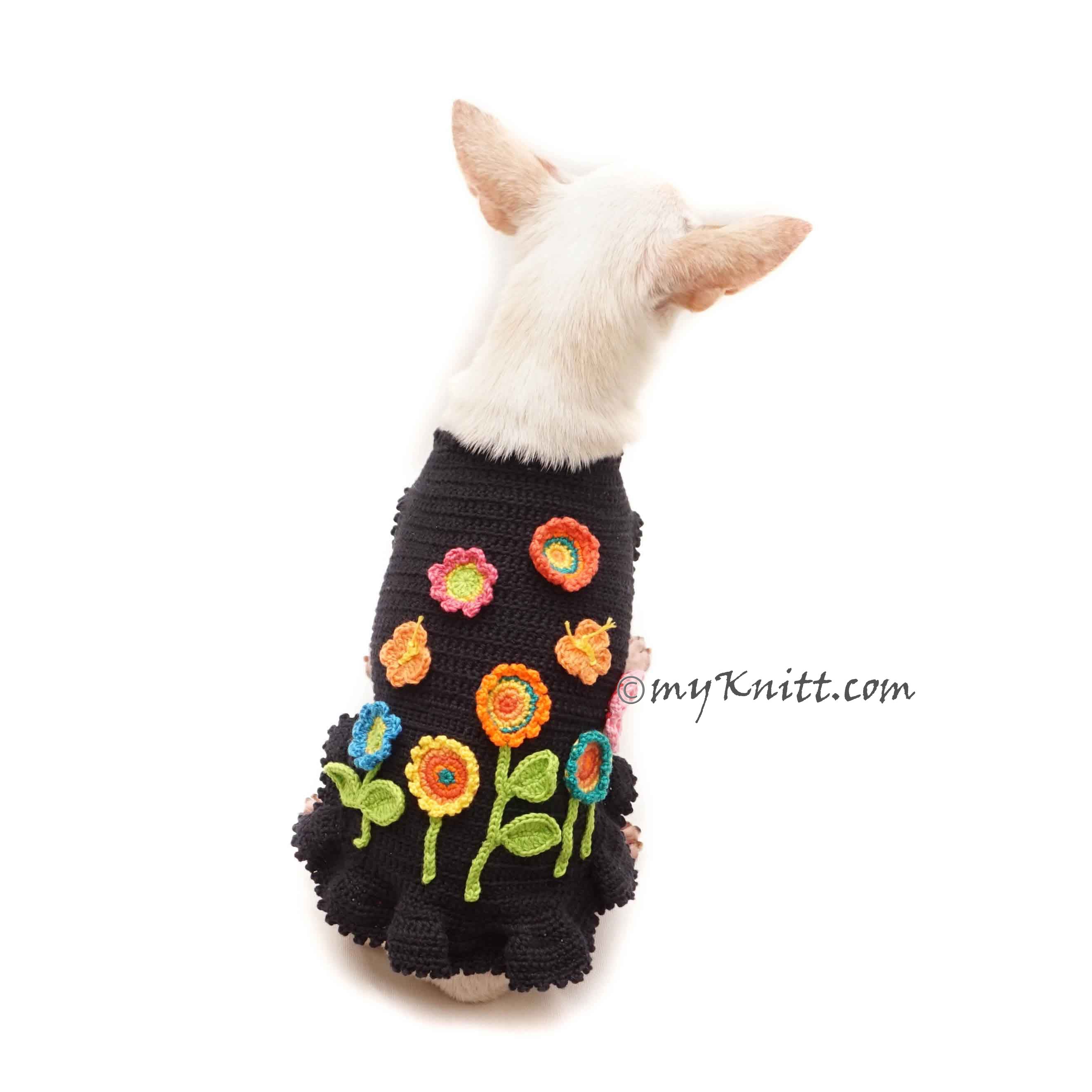 Flower Dog Dress Crochet, Black Dog Dress Flower Garden Crochet DF187 Myknitt