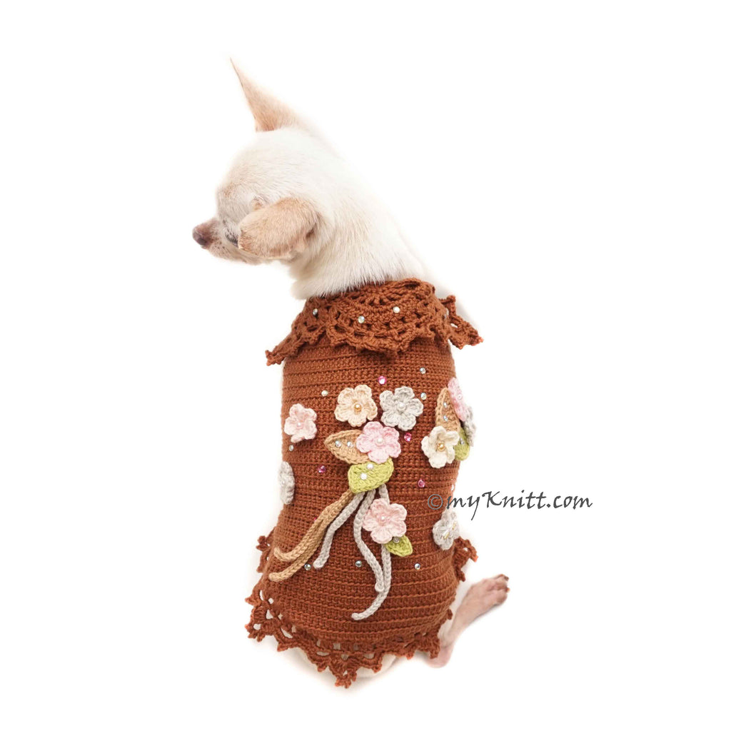 Brown Garden Themed Dog Clothes Crochet Flower, Chihuahua Clothes Custom Fit DF191 Myknitt
