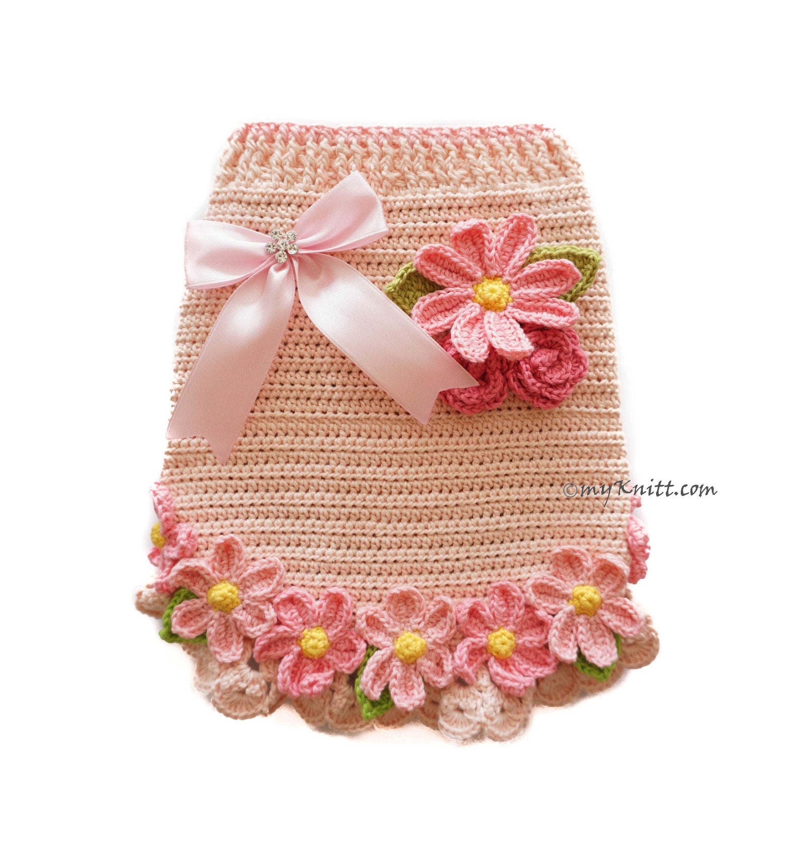 Pink Dog Dress Crochet Daisy Flower, Large Dog Dress Pink Flower Custom Fit Myknitt