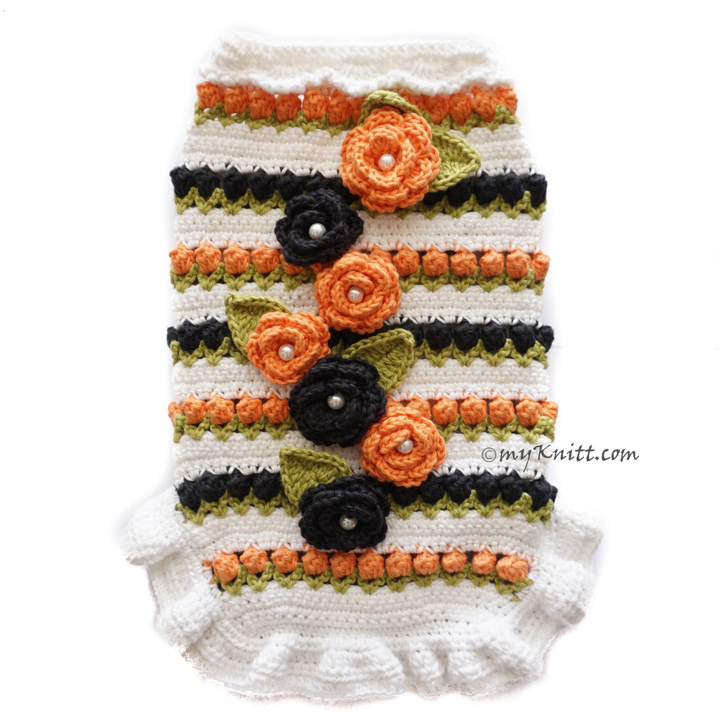 Roses Crochet Flower Dog Dress Black Orange Vintage Pet Clothes Myknitt DF203