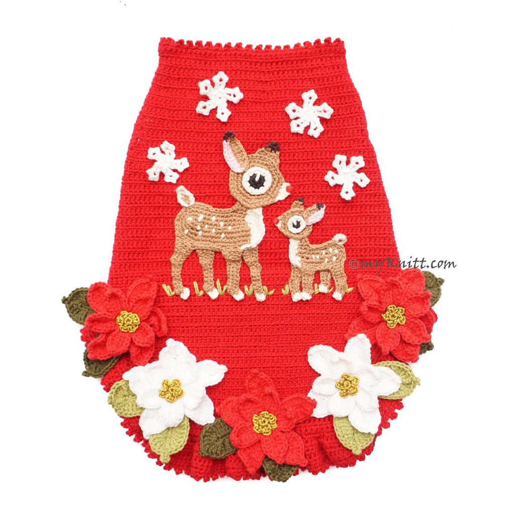 Christmas Red Dog Dress Crochet with Reindeer Ornaments Crochet Poinsettia Flower DF207 Myknitt