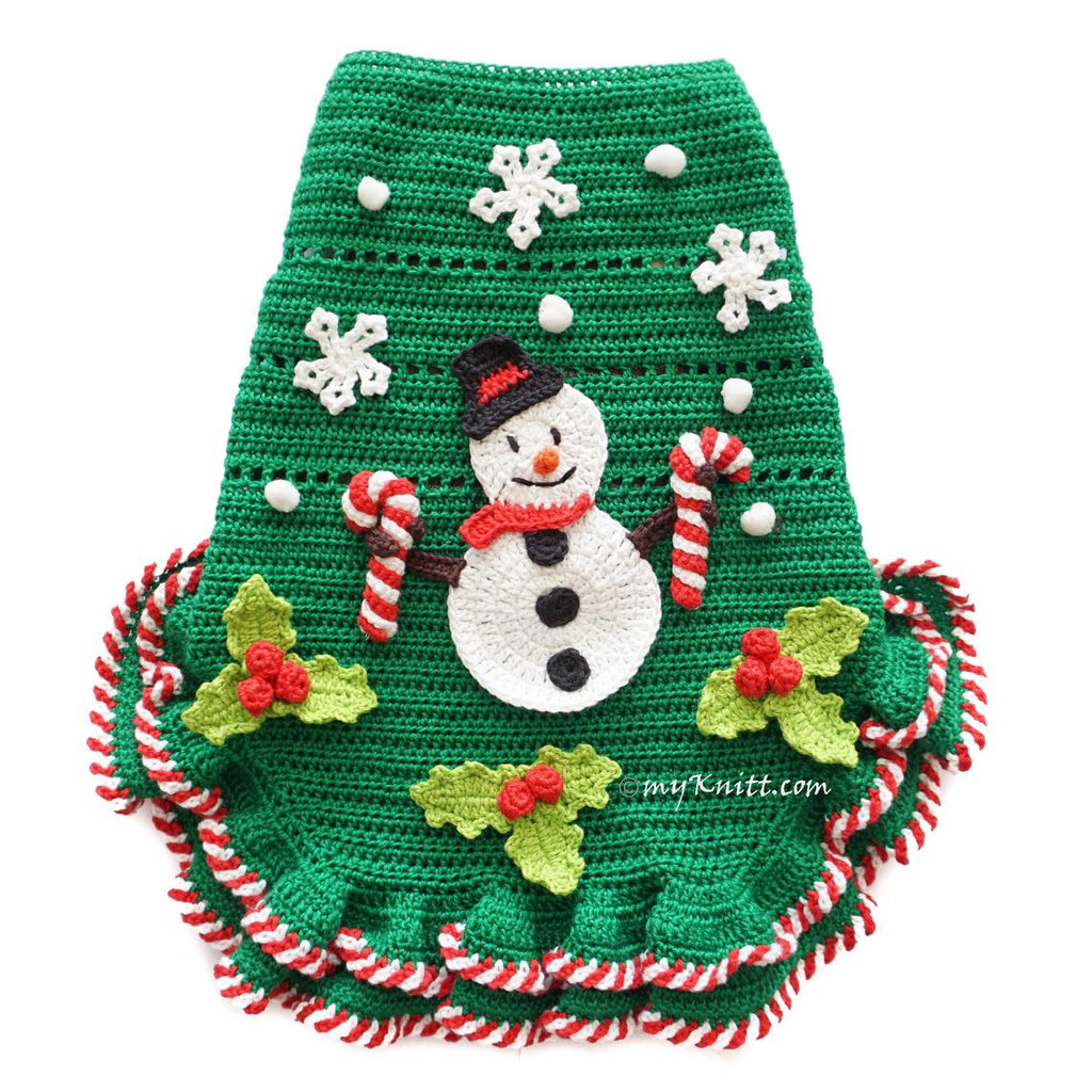 Snowman Christmas Dog Dress Ruffle Green with Snowflakes Apparel DF208 Myknitt