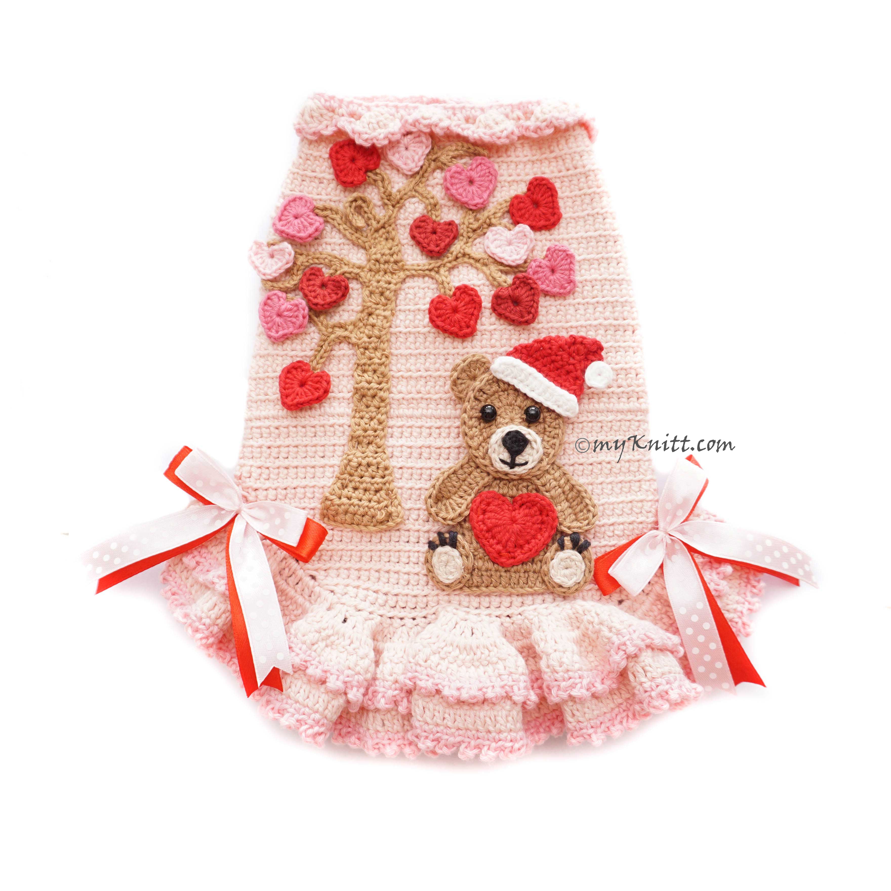 Crochet Teddy Valentine Dress for Dogs Cats, Cute Dog Clothes Pink Valentine DF210 Myknitt