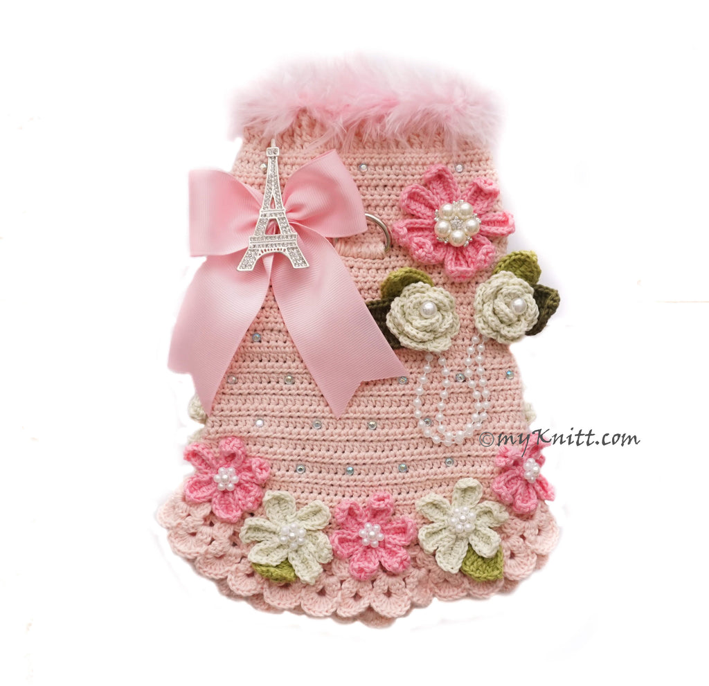 Paris Eiffel Tower Pink Dog Dress Crochet, Roses Crochet Dog Dress DF215 Myknitt