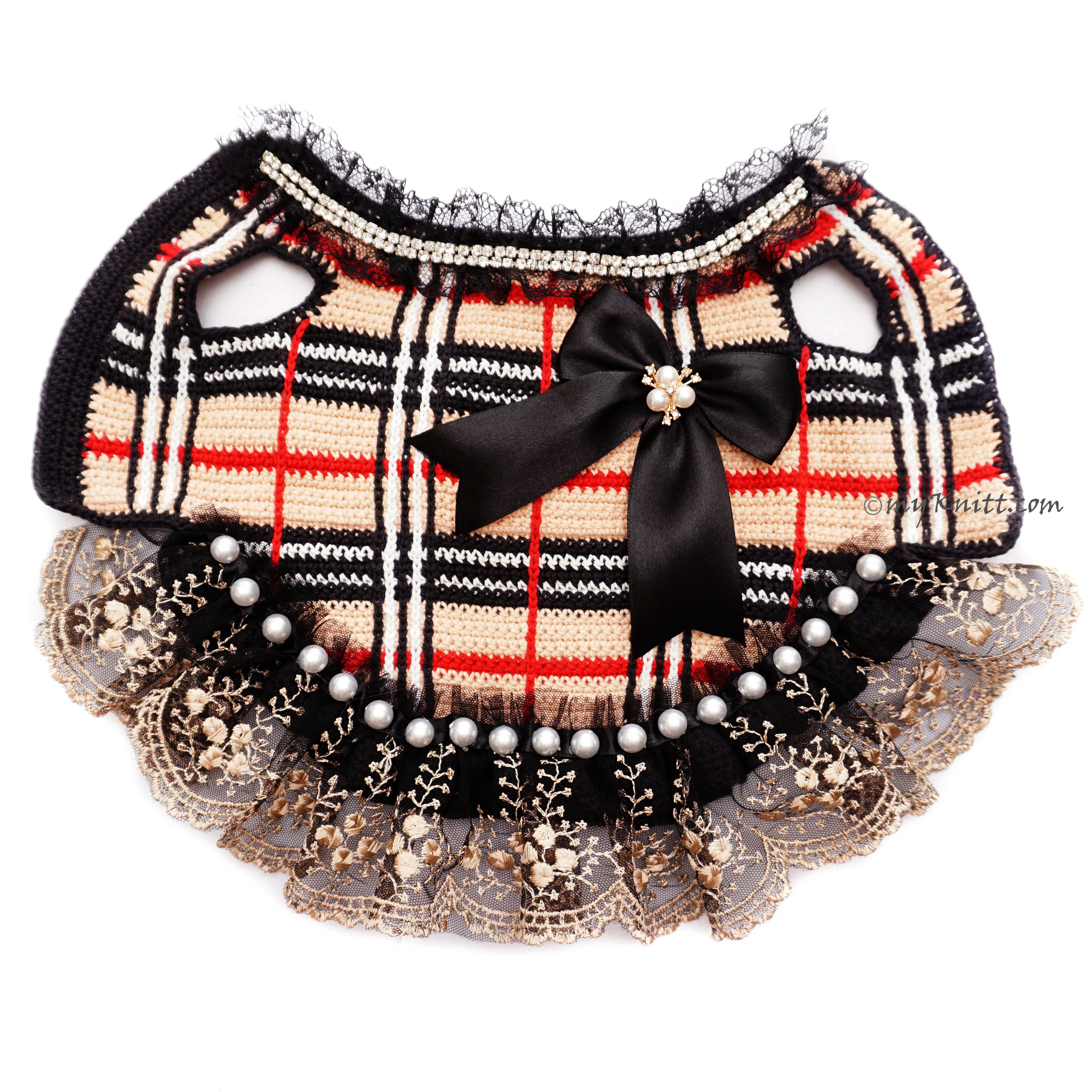 Burburry Dog Dress Crochet, Elegant Black Dress Crochet DF216 Myknitt 