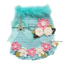 Tiffany Blue Crochet Dog Dress Paris Eiffel Themed Myknitt Designer Dog Clothes