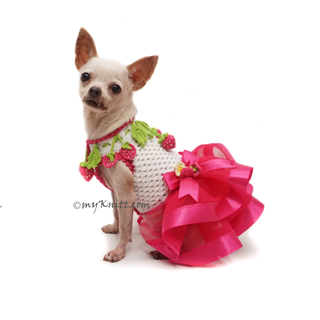 Pink Strawberry Dog Dress Crochet, Strawberry Dog Dress Tutu DF220 Myknitt