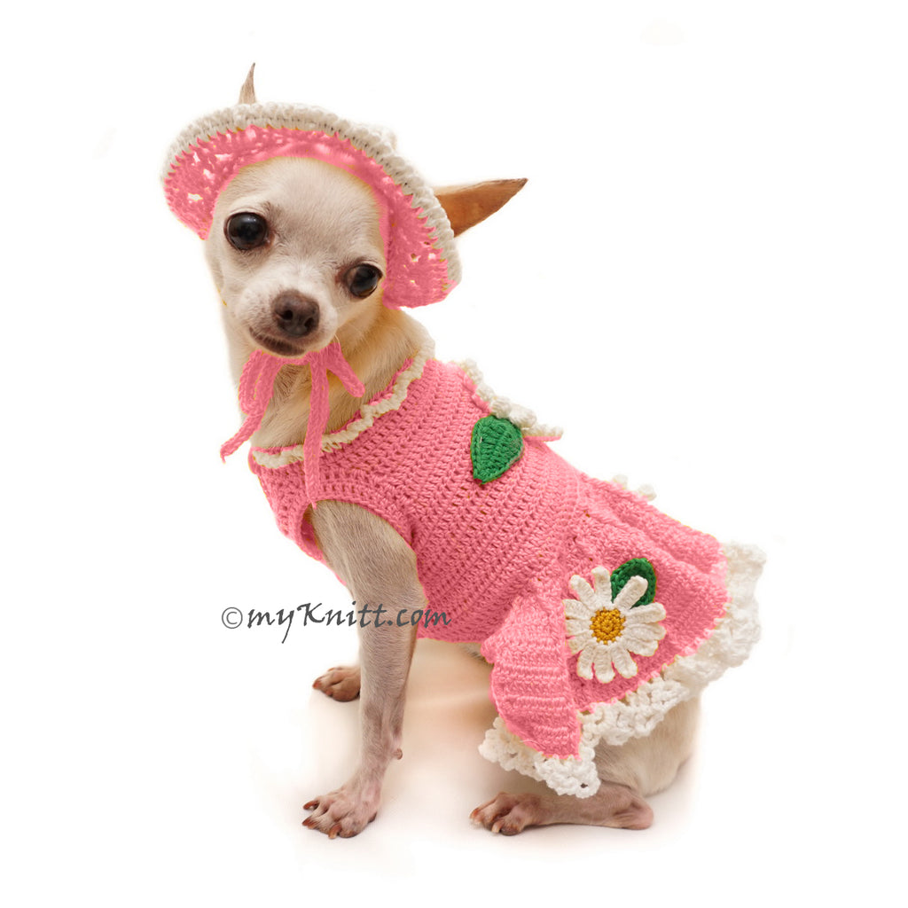 Pink Sunflower Dress Crochet DF228 By myknitt designer dog clothes