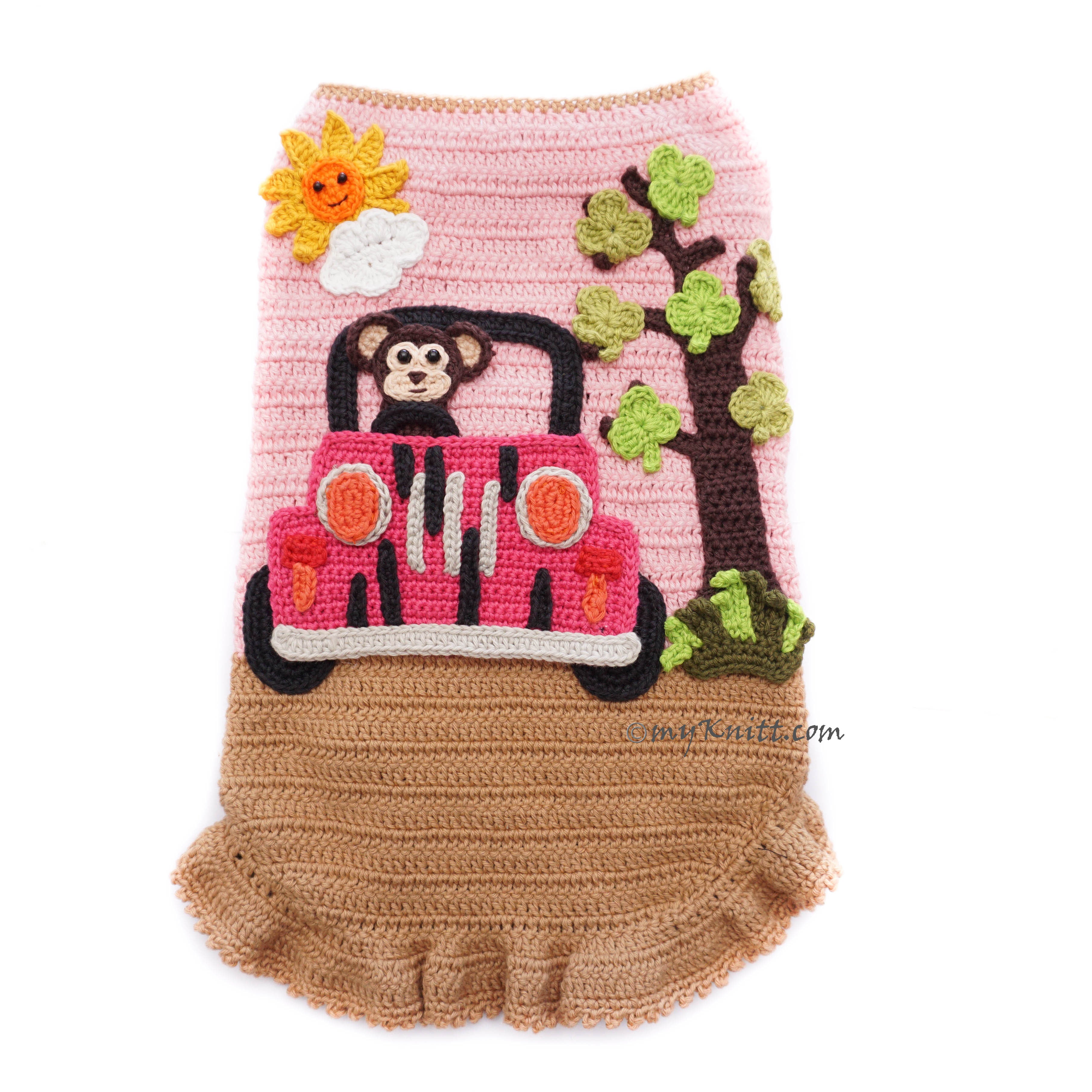 Pink Monkey Jeep Crochet Dog Dress, Funny Pink Socks Monkey Dog Costume DF230 Myknitt 