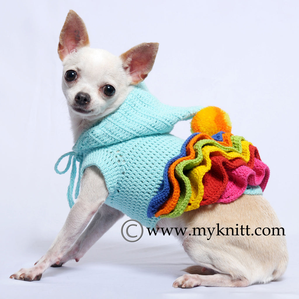 Cute Colorful Wavy Skirts Dog Hoodie with Pom-Pom Hand Crochet DF55