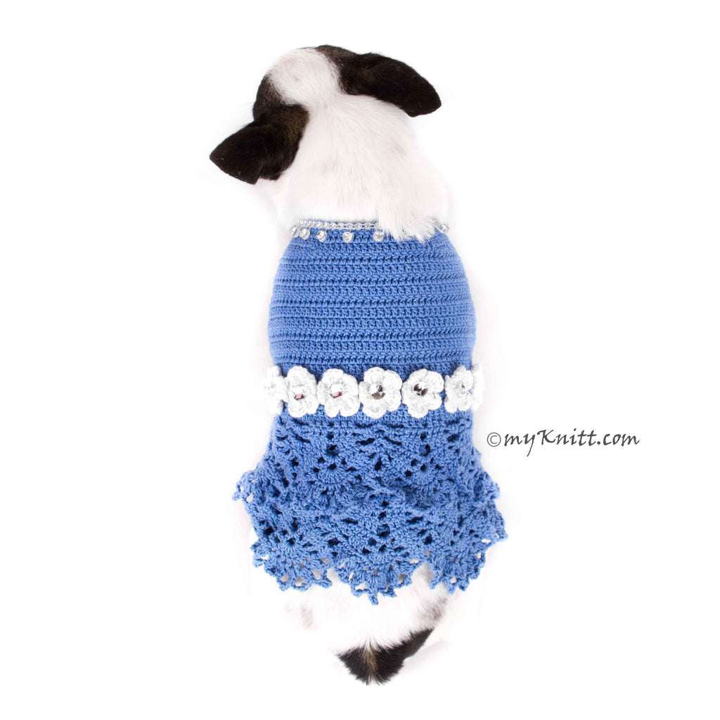 Blue Lace Crocheted Dog Dress With White Flowers Crystal DF85