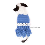 Blue Lace Crocheted Dog Dress With White Flowers Crystal DF85 by Myknitt