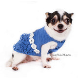 Blue Lace Crocheted Dog Dress With White Flowers Crystal DF85 by Myknitt (2)